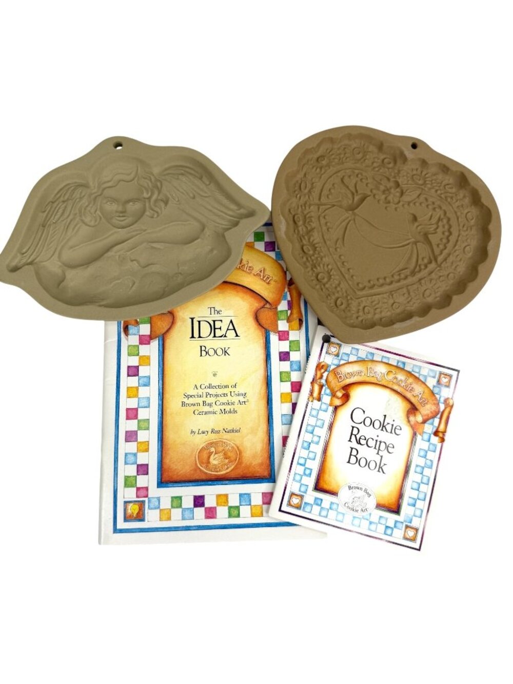 VTG Brown Bag Cookie Art Ceramic Molds & Recipe Book 1992 Angel 1985 Bird Heart